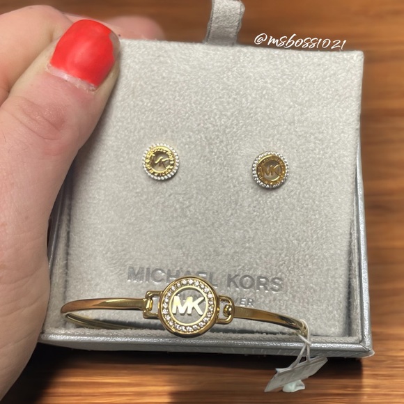 Michael Kors Jewelry - Michael Kors Gold Crystal Logo Earrings + Bracelet BRAND NEW
